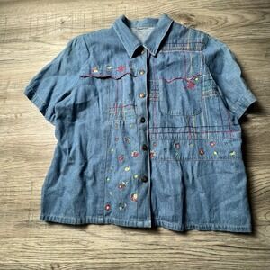 Unbranded Denim Button Down Mens L Blue Floral Embroidered Western Short Sleeve